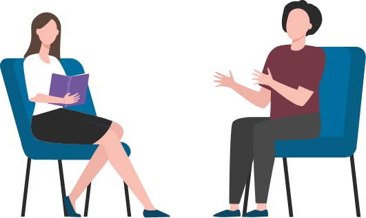 eine Frau und ein Mann sitzen beinander und reden